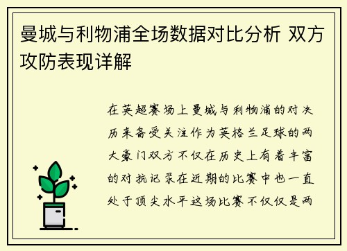 曼城与利物浦全场数据对比分析 双方攻防表现详解